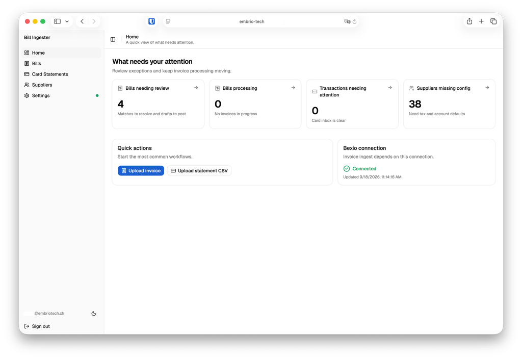 Screenshot of a custom web dashboard titled "Bill Ingester". The clean interface displays a "What needs your attention" section tracking bills needing review and suppliers missing configurations, alongside quick action buttons to upload invoices or CSV statements, and a status indicator showing an active connection to Bexio