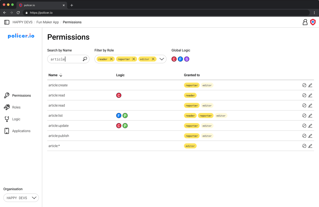 policer.io GUI for managing permissions
